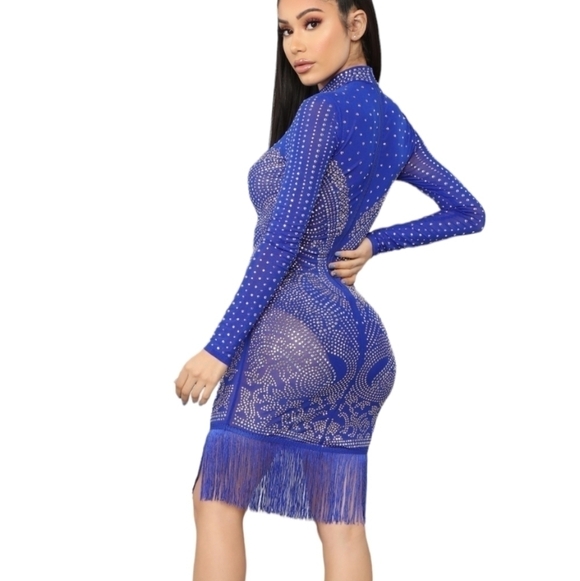 Fashion Nova over My Head sapphire  rhinestone fringe Hem sexy dress NWT. Sz XS - Picture 2 of 10